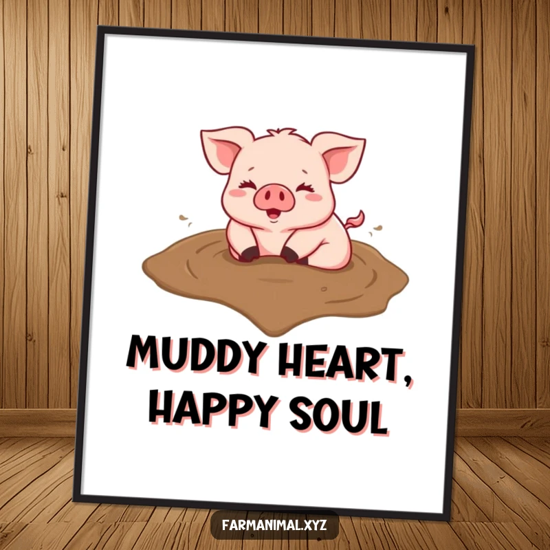 Funny Free Printable Wall Art: Blissful pig gleefully rolling in a heart-shaped mud puddle, embodying pure joy and contentment.