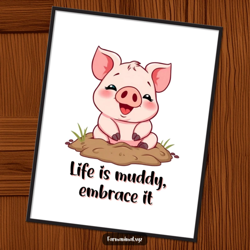 Funny Free Printable Wall Art: Cheerful piglet smiles broadly, joyfully rolling in mud, adding farm flair.