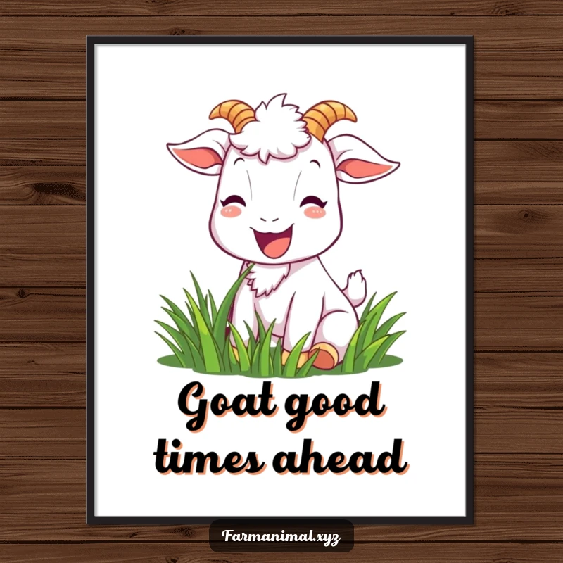 Funny Free Printable Wall Art: Joyful goat munching grass with a bright smile, cheerful and humorous downloadable decor.