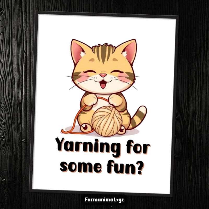 Funny Free Printable Cat Wall Art: A barn cat amusingly bats at a ball of yarn, creating a scene of playful, domestic bliss.