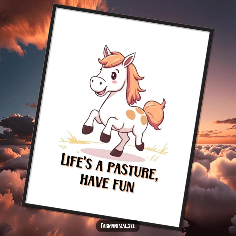 Funny Free Printable Horse Wall Art: A smiling horse joyfully kicks up its heels in a sun-drenched pasture, embodying pure delight.