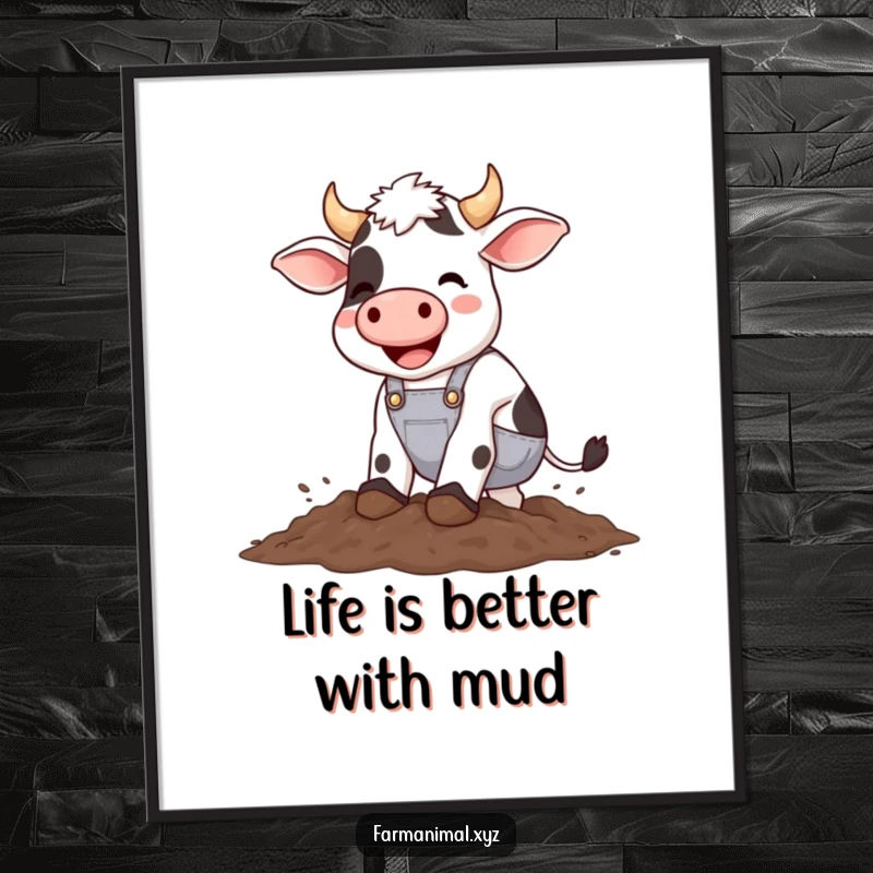 Funny Free Printable Wall Art: A happy cow wearing overalls joyfully stomping in a mud puddle.