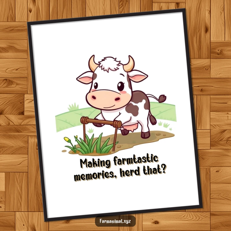 Free printable wall art of a determined cow smiling while plowing a small field, a humorous and inspiring piece.