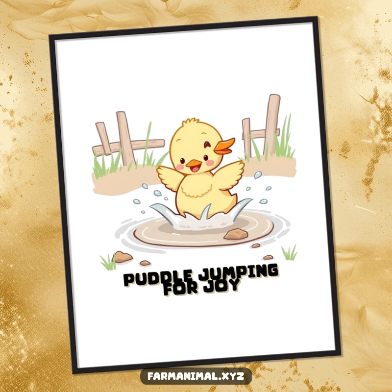 Funny Free Printable Wall Art: A cute duckling enthusiastically splashing in a barnyard puddle, radiating pure happiness.