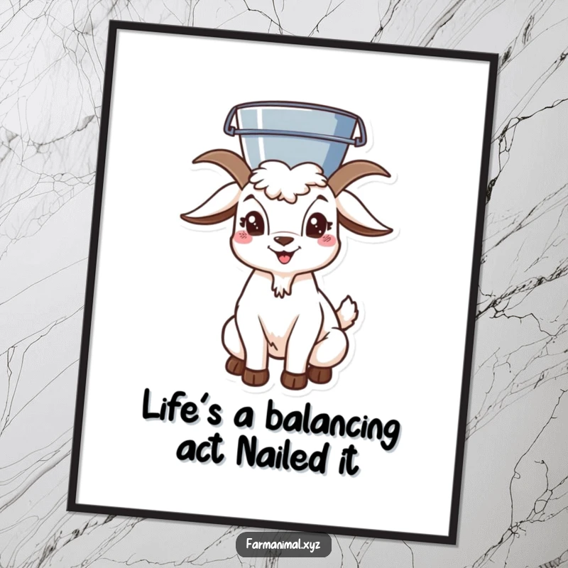 Funny Free Printable Wall Art: A goat with serious concentration balances a large bucket perfectly on its head. A truly unique piece of art.