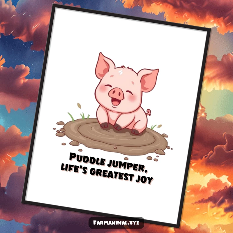 Funny Free Printable Wall Art: A happy piglet joyfully splashes and rolls in a messy, muddy puddle, pure bliss.