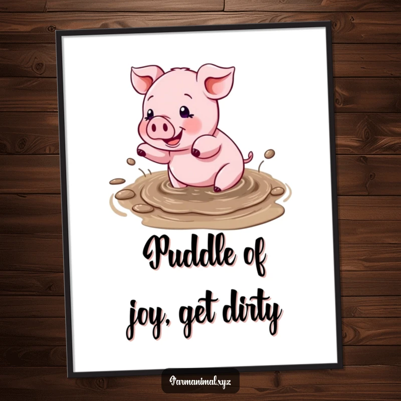 Funny Free Printable Wall Art of a pig character joyfully splashing water and mud in a delightful puddle.