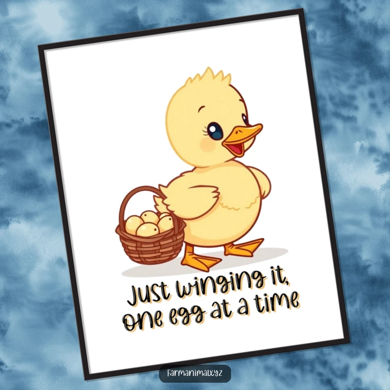 Funny Free Printable Wall Art: A proud duckling waddling with a basket full of tiny eggs, adding whimsical charm to decor.