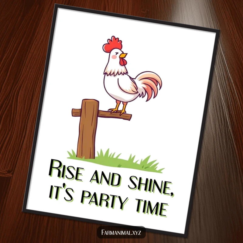 Funny Free Printable Wall Art: A proud rooster stands majestically on a fence post, announcing the day with a loud, distinctive crow. Rustic charm!
