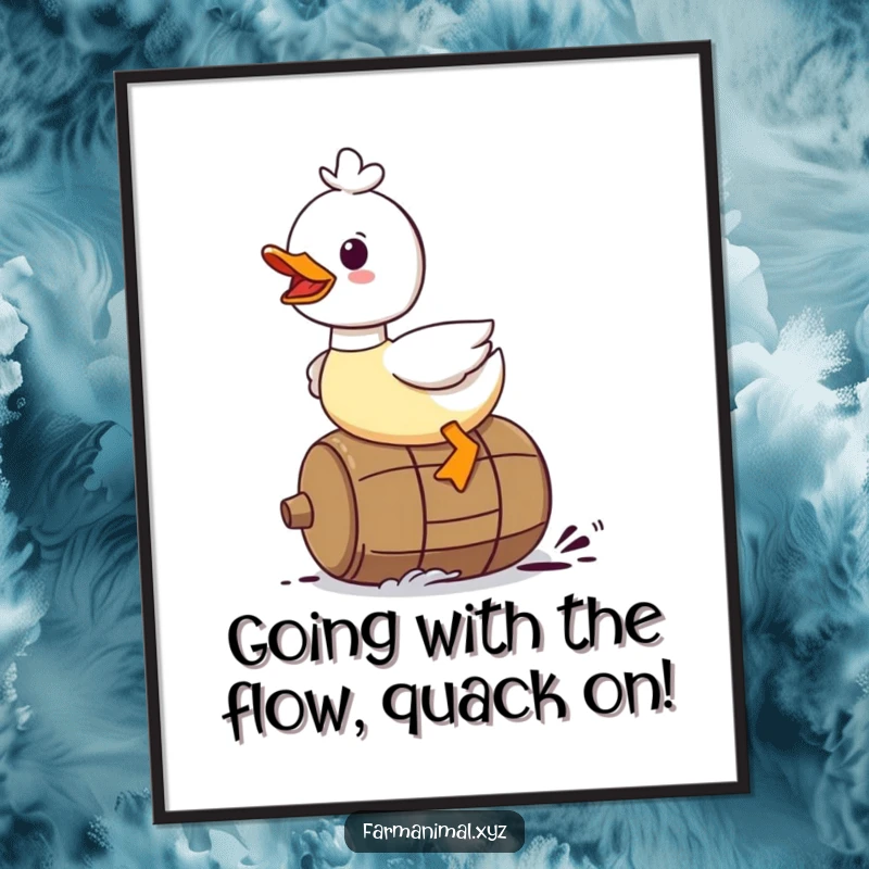 Funny Free Printable Duck Wall Art: A duck gleefully rides a rolling barrel, creating a dynamic and humorous scene.