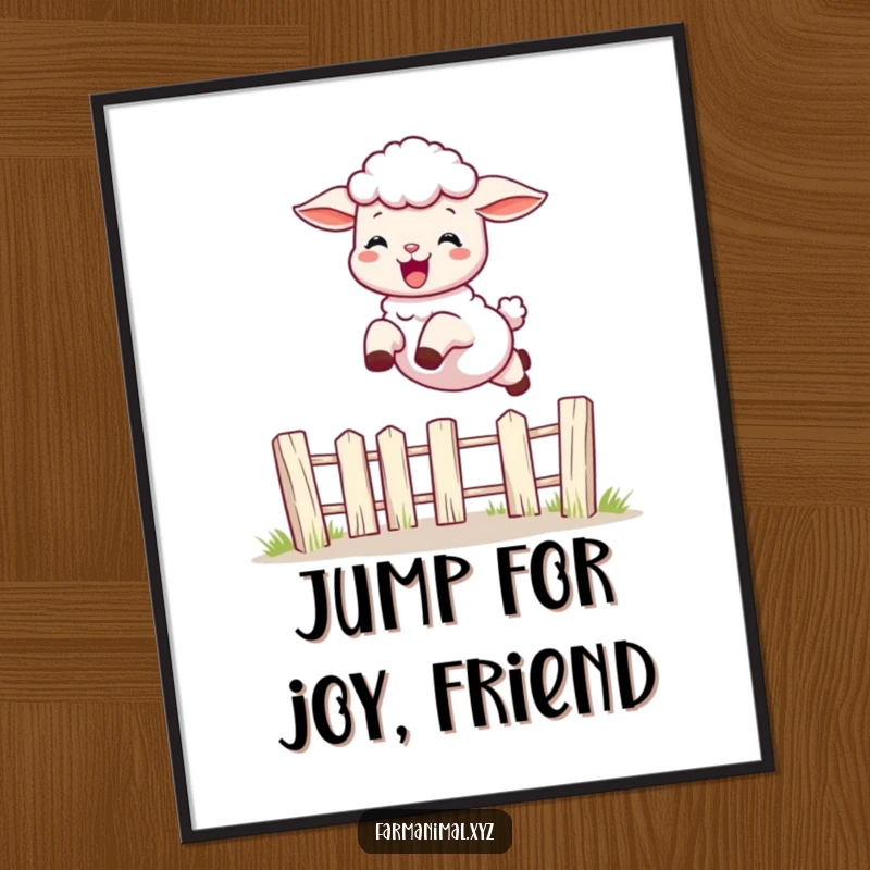 Funny Free Printable Wall Art: Playful lamb leaps gracefully over a small fence, radiating pure delight.
