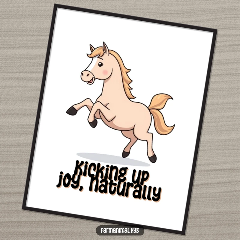 Funny Free Printable Wall Art of a horse joyfully kicking its legs up while galloping, capturing a moment of pure freedom. Downloadable decor.