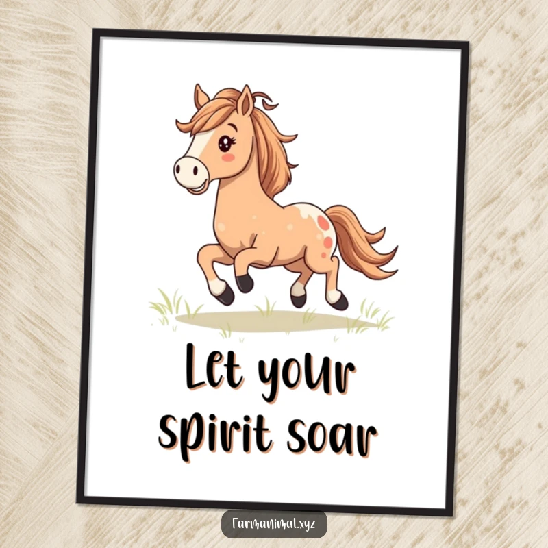 Funny free printable wall art of a happy horse with a windswept mane, galloping freely and majestically across a sunlit field.