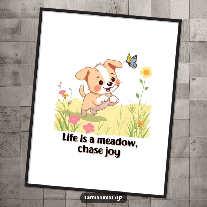 Funny Free Printable Wall Art: A playful puppy chasing a butterfly in a sunny meadow, adding a touch of whimsy and joy.