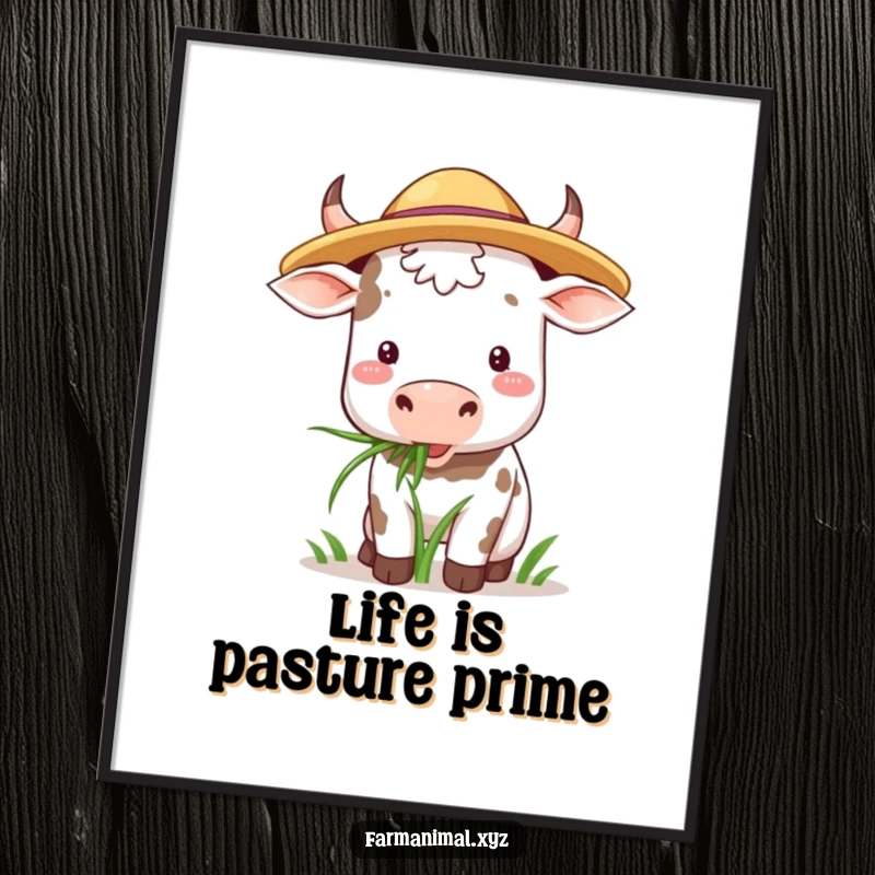 Funny Free Printable Wall Art: A cow in a straw hat happily chewing grass, a serene and humorous rural scene.