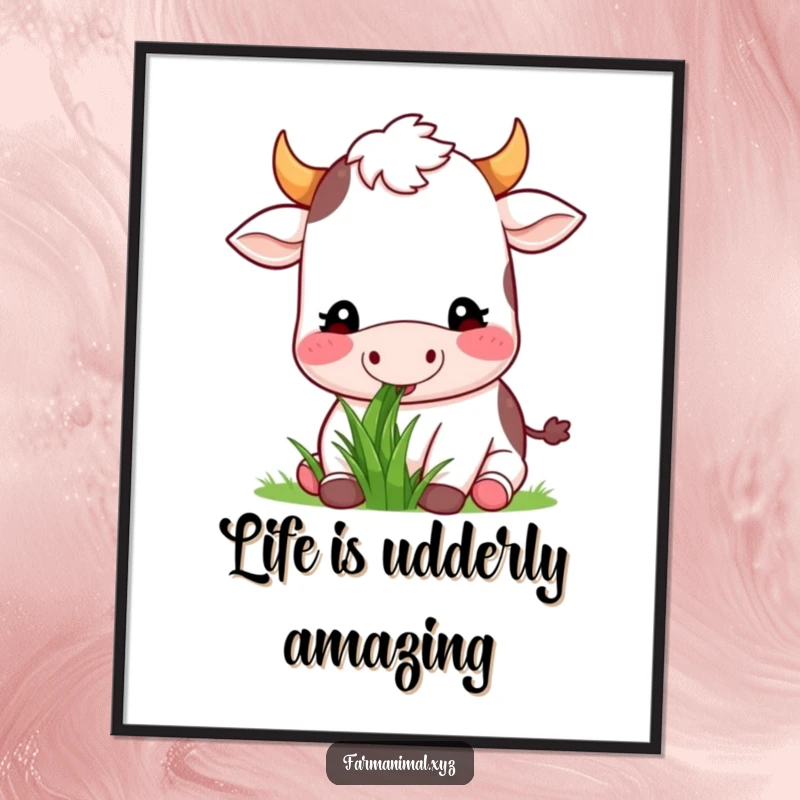 Funny Free Printable Wall Art: Happy cow peacefully munches grass with a contented expression, adding charm.