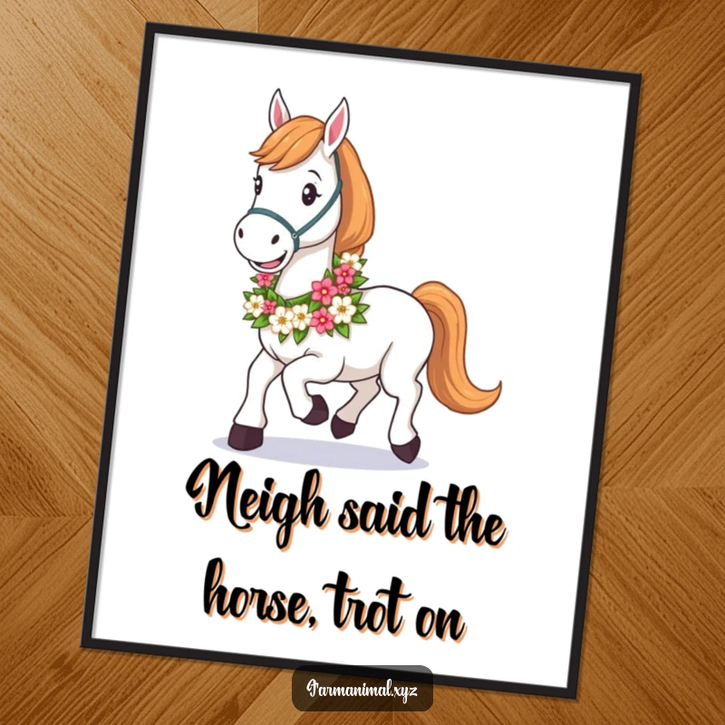 Funny Free Printable Wall Art: Happy horse with a floral garland, trotting elegantly, a charming downloadable piece.
