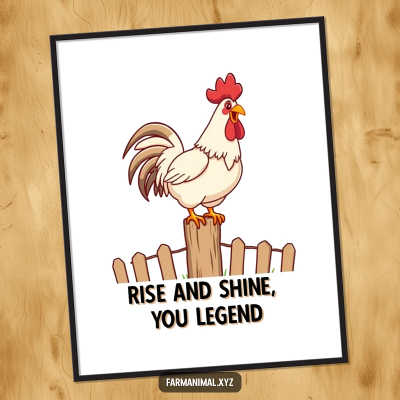 Funny Free Printable Rooster Wall Art: A rooster stands proudly on a fence post, crowing loudly to announce the start of a beautiful day.