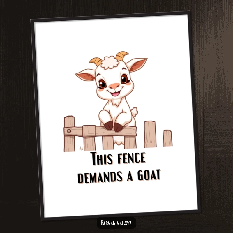 Funny Free Printable Wall Art: A goat with a wide, mischievous grin scaling a wooden fence. Humorous decor.