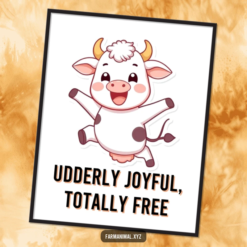 Funny Free Printable Wall Art: A happy cow leaps with pure, unbridled joy against a simple background.