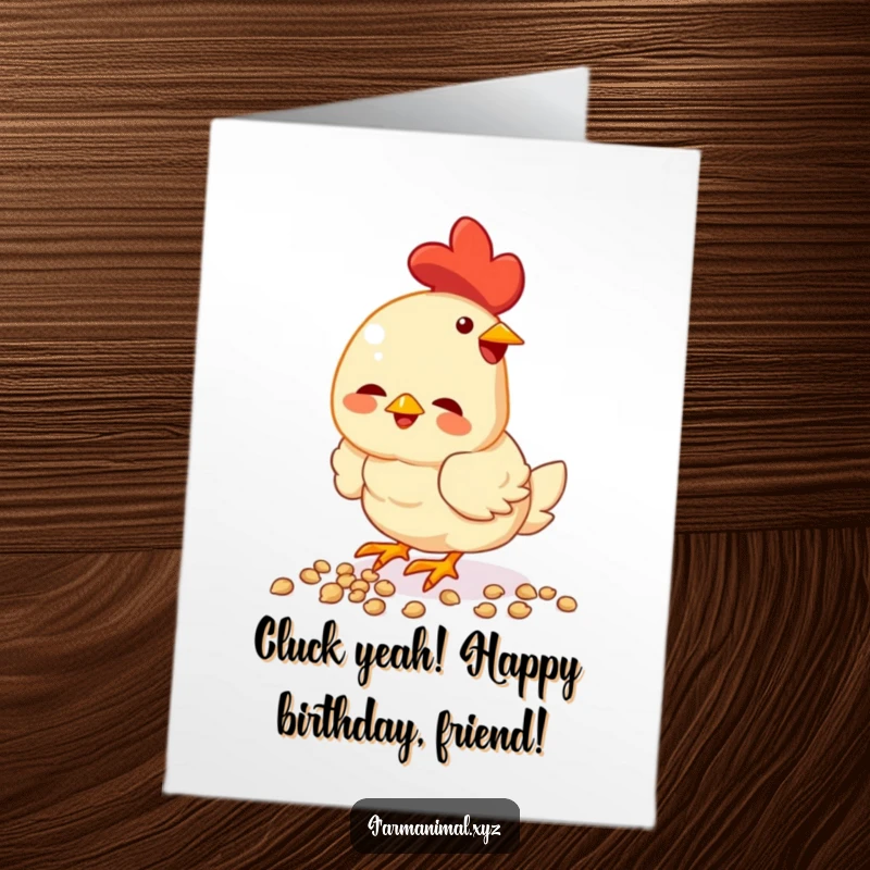 Funny Free Printable Birthday Card: A happy, energetic chicken enthusiastically pecks at scattered seeds with glee.