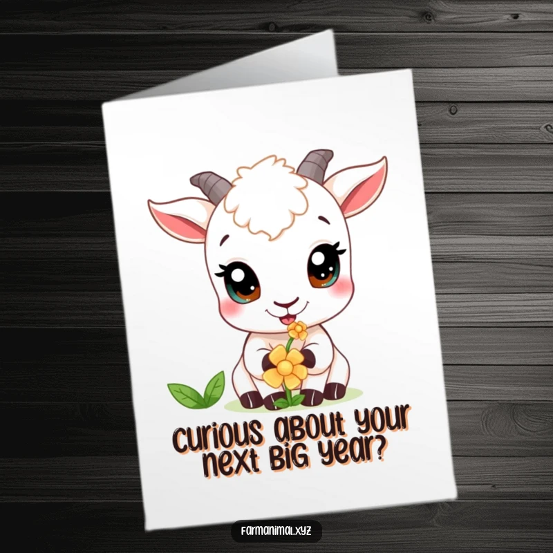Funny Free Printable Goat Birthday Card: Curious goat with wide eyes nibbling a flower, wishing a happy birthday.