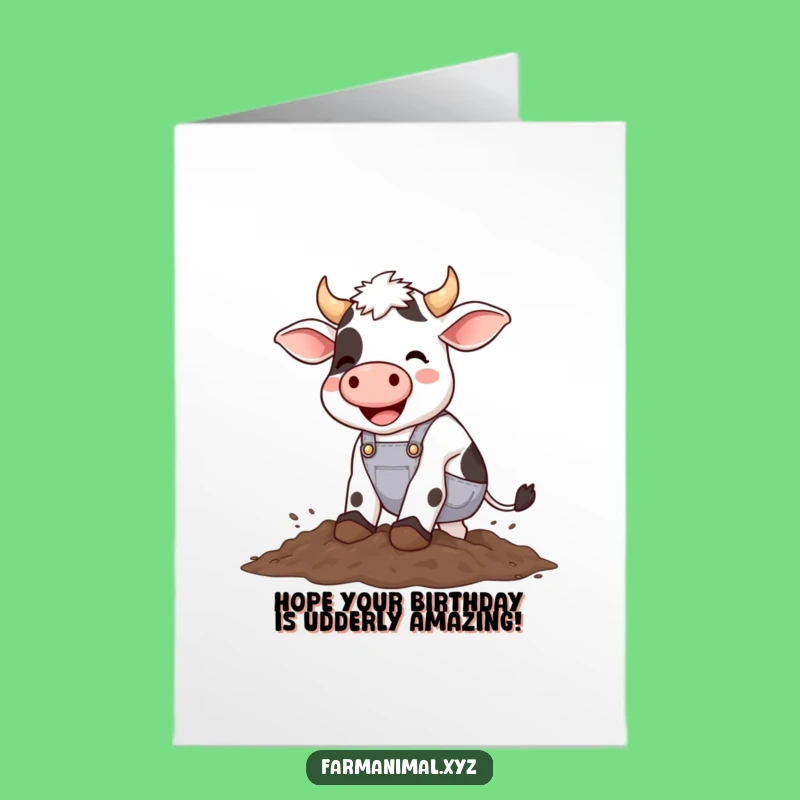 Free Printable Birthday Card: Funny Cow Stomping Mud, Unique Downloadable Celebration Gift