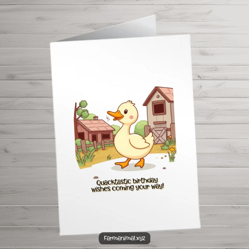 Funny Free Printable Birthday Card featuring a joyful duck waddling across a farmyard, spreading cheer for a special occasion.