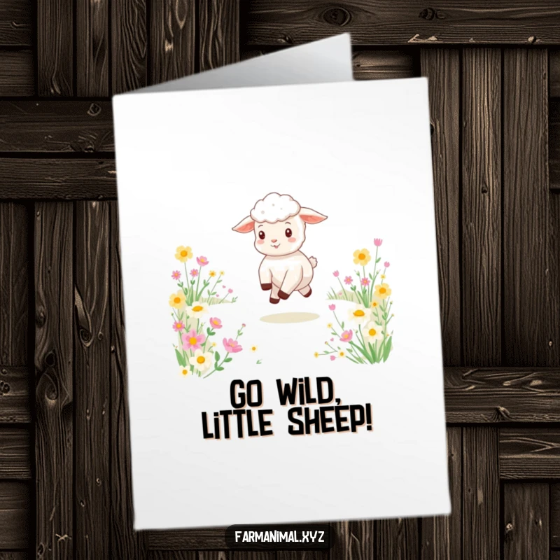 Funny Free Printable Birthday Card featuring a joyful lamb skipping amidst vibrant flowers, spreading birthday cheer.