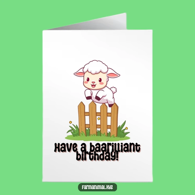 Free Printable Birthday Card: Funny Lamb Leaping Fence, Energetic Downloadable Gift