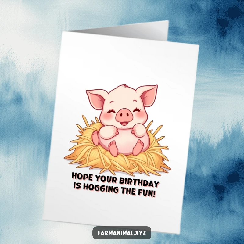 Funny Free Printable Birthday Card: Cute piglet joyfully rolling in a soft pile of straw, celebrating happily.