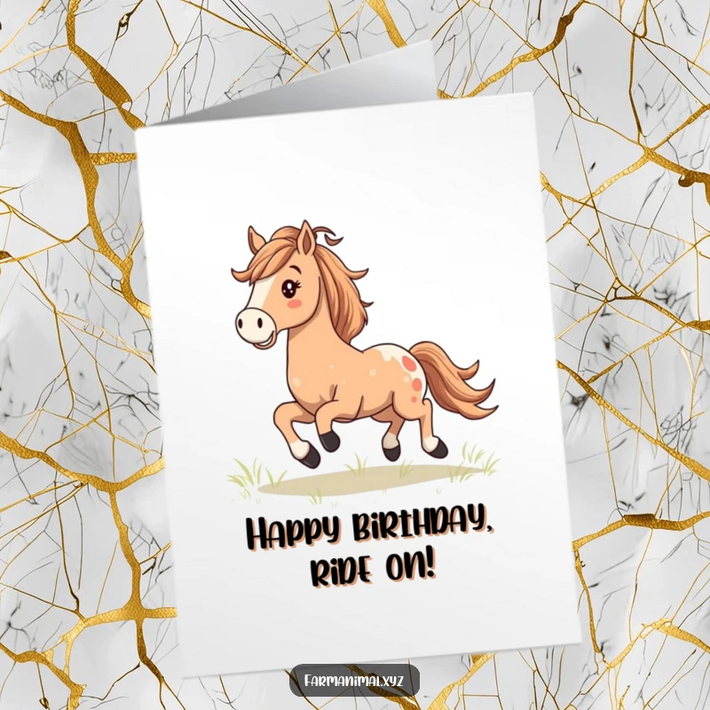 Funny free printable birthday card featuring a happy horse with a flowing mane, joyfully galloping across a field.