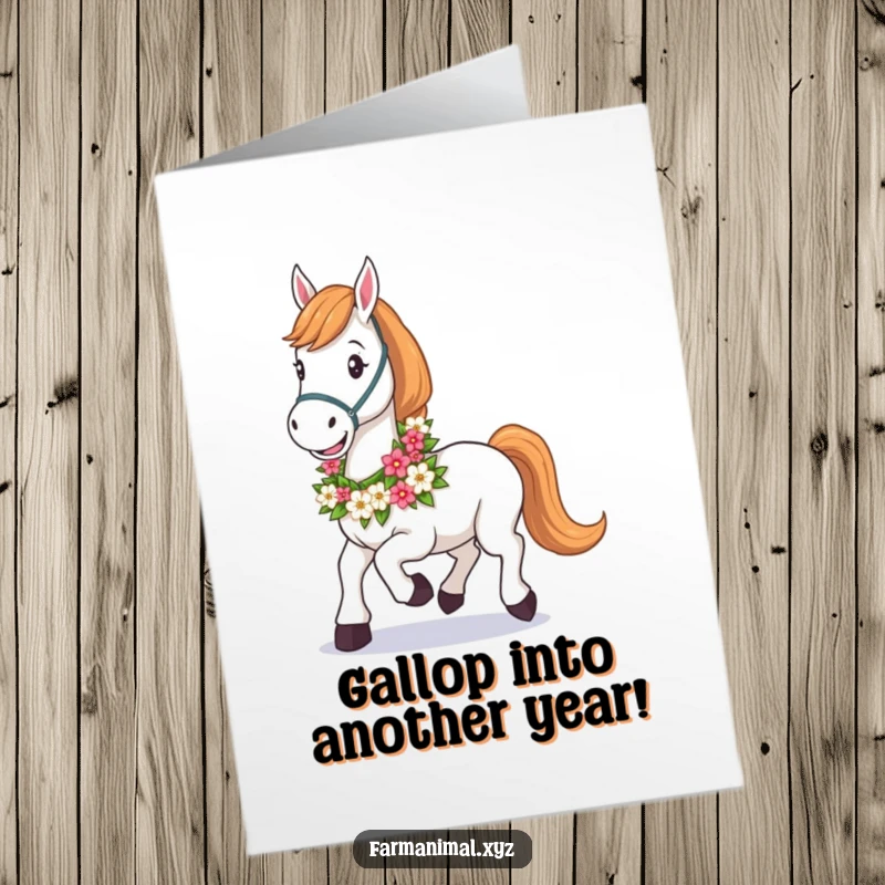 Funny Free Printable Birthday Card: Happy horse with floral garland, trotting joyfully, perfect for a downloadable gift.