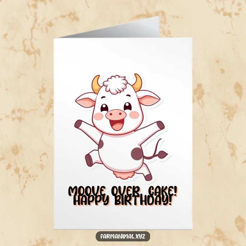 Funny Free Printable Birthday Card: A cow with a huge smile joyfully leaps high in the air.