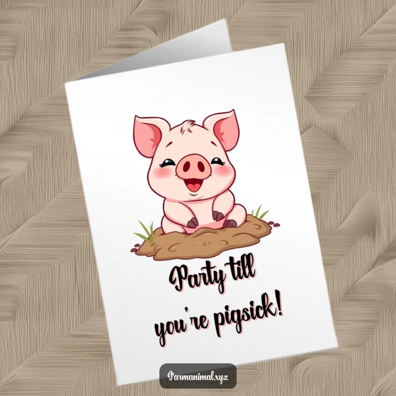 Funny Free Printable Birthday Card: Cheerful piglet joyfully rolls in mud with a wide smile, celebrating birthdays.