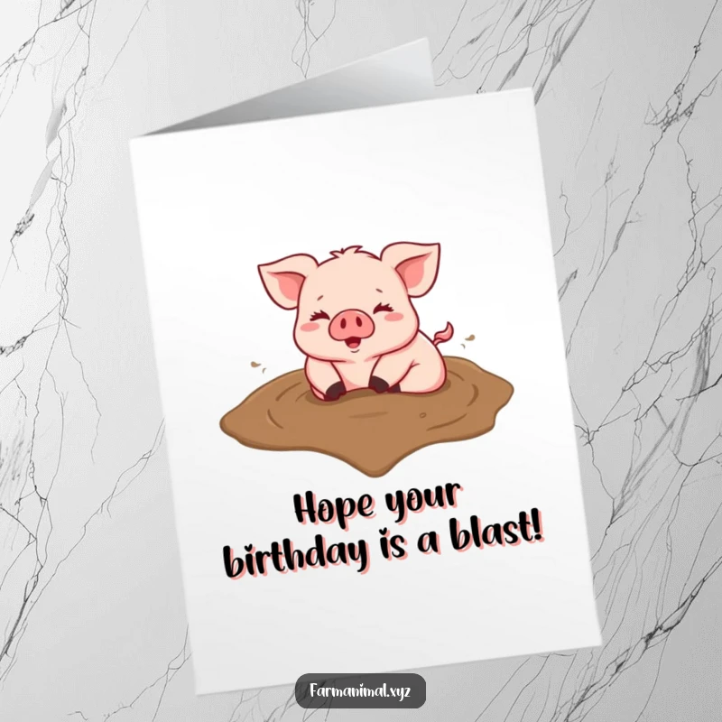 Funny Free Printable Birthday Card: Joyful pig gleefully rolling in a heart-shaped mud puddle, celebrating a messy birthday.