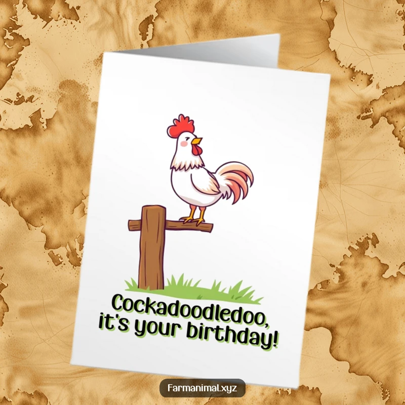 Funny Free Printable Birthday Card: A proud rooster stands tall on a fence post, crowing loudly with its chest puffed out. Happy Birthday!