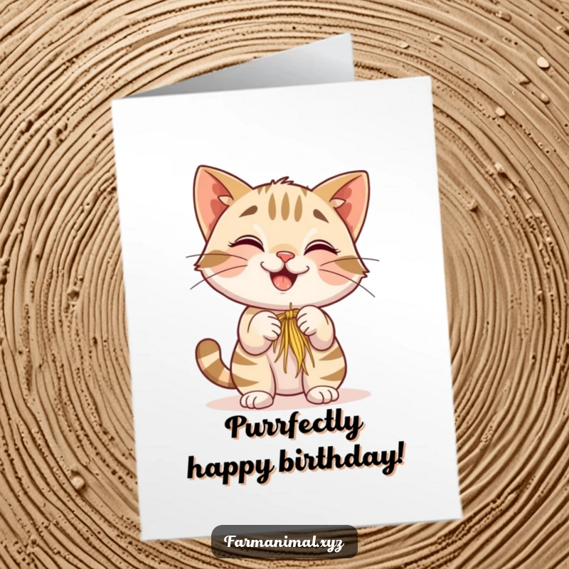 Funny Free Printable Birthday Card featuring a smiling barn cat playfully batting at a dangling piece of hay, celebrating joyfully.