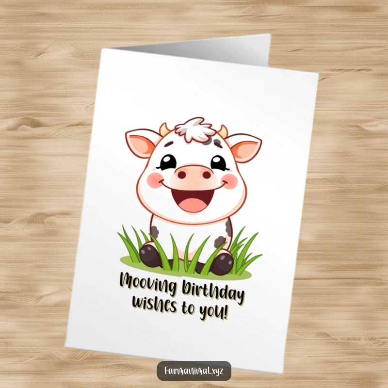 Funny Free Printable Birthday Card: Grinning cow with a wide smile joyfully eating grass, perfect for a farm lover