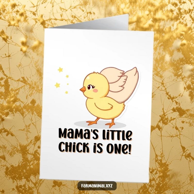 Funny free printable birthday card: A tiny chick chirping joyfully while following its mother through a sunny meadow.