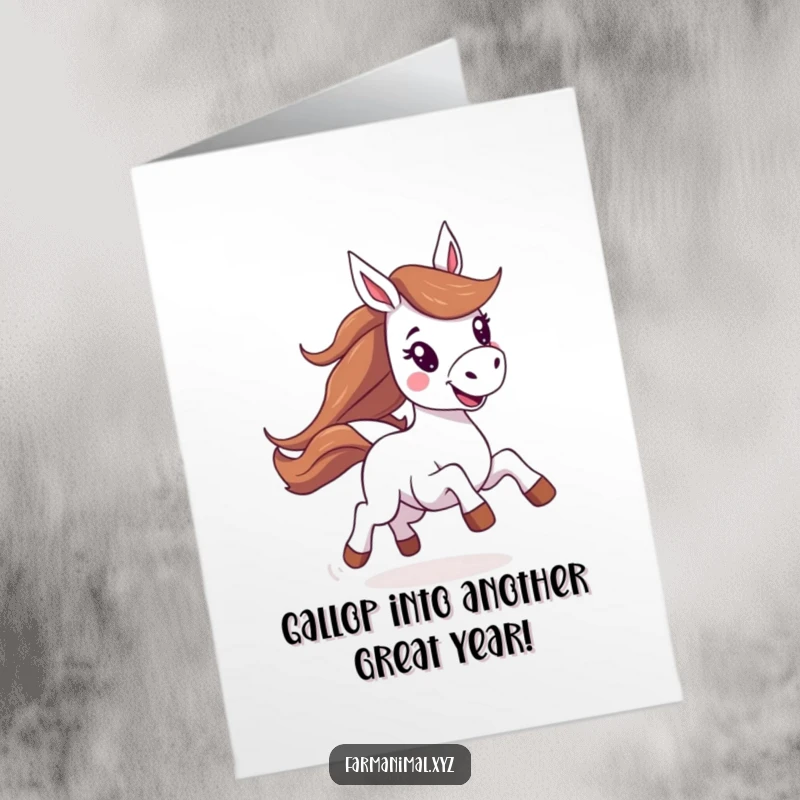 Funny Free Printable Horse Birthday Card: Energetic character joyfully galloping with a huge smile, ready to celebrate.