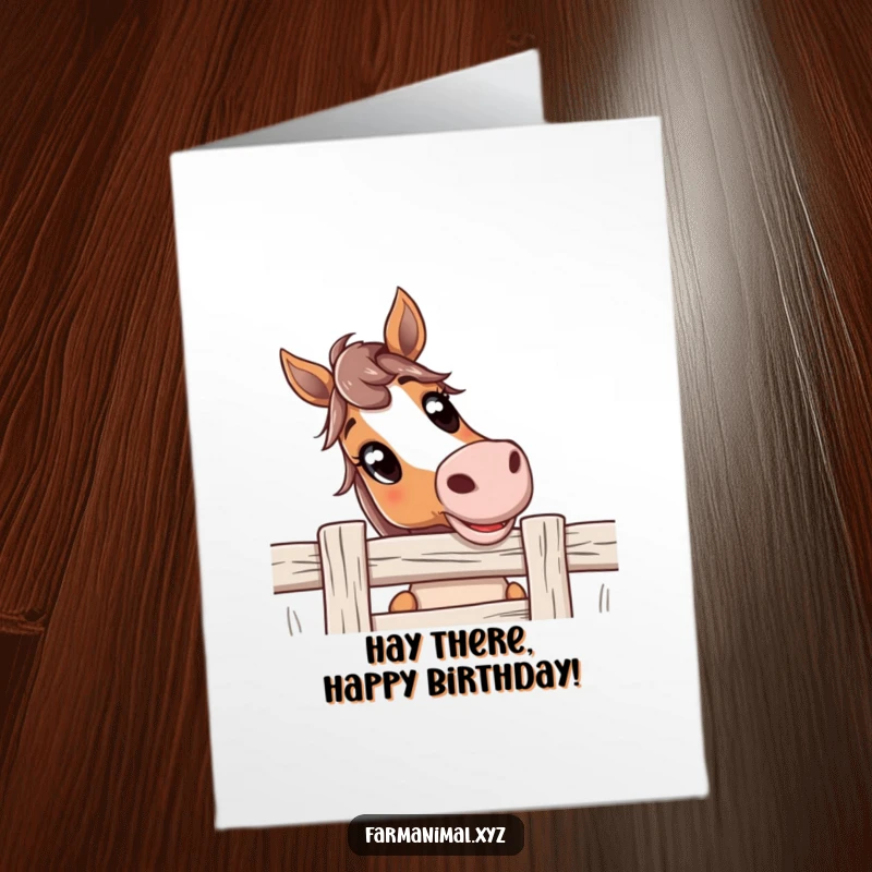 Funny Free Printable Birthday Card featuring a curious horse with wide eyes peeking over a fence, ready to deliver birthday wishes.