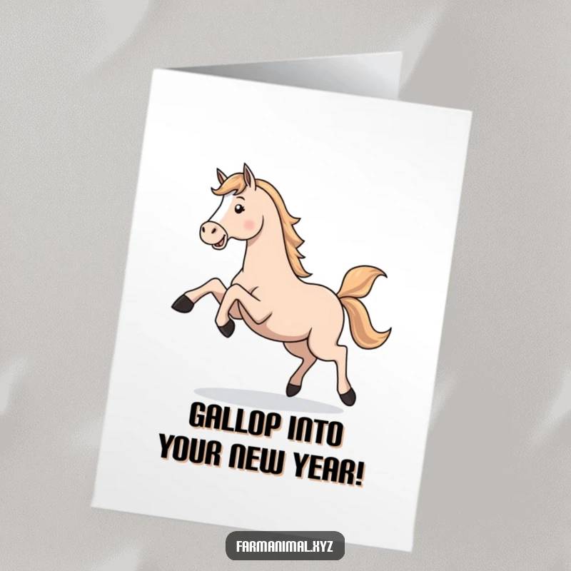 Funny Free Printable Birthday Card of a horse energetically kicking its legs up in a playful gallop, embodying pure joy. A downloadable birthday gallop.