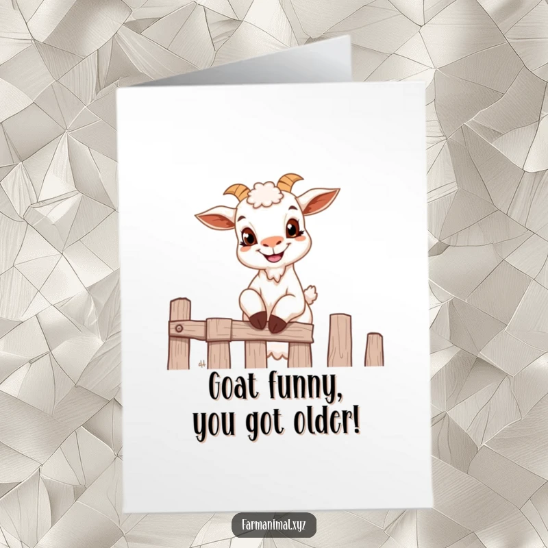 Funny Free Printable Birthday Card: Mischievous goat attempting to scale a fence with a cheeky grin.