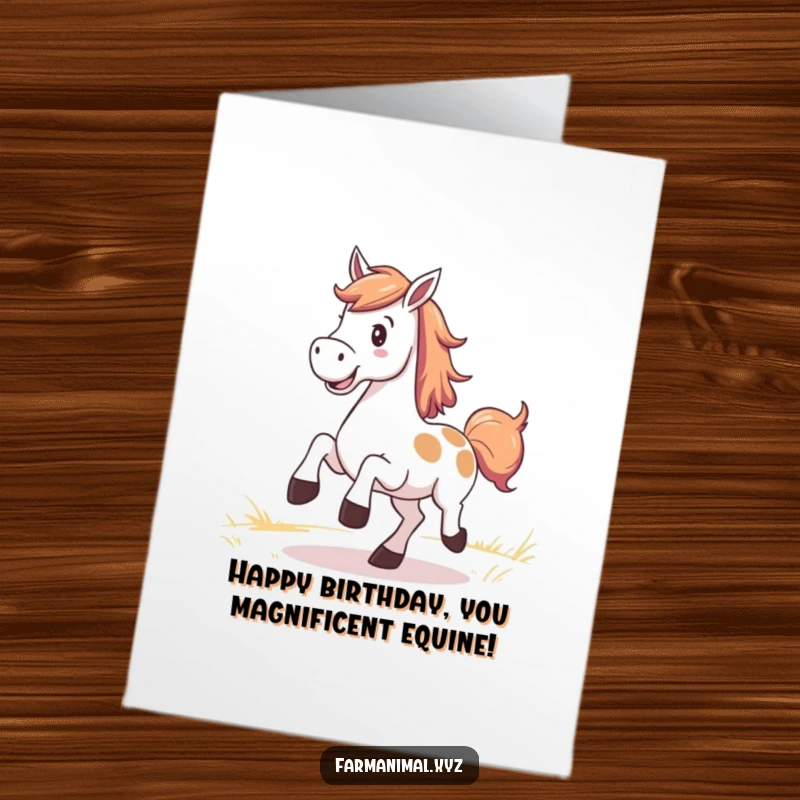 Funny Free Printable Birthday Card: A smiling horse joyfully kicks up its heels in a sunny pasture, celebrating a special day.