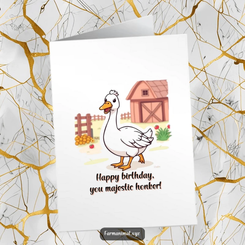 Funny Free Printable Birthday Card: A happy goose honks joyfully while waddling through a farmyard, celebrating a special occasion.
