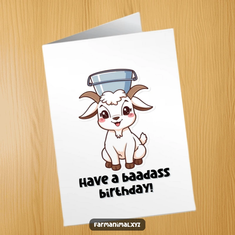 Funny Free Printable Birthday Card: A playful goat carefully balances a blue bucket perfectly on its head. Send birthday laughs!