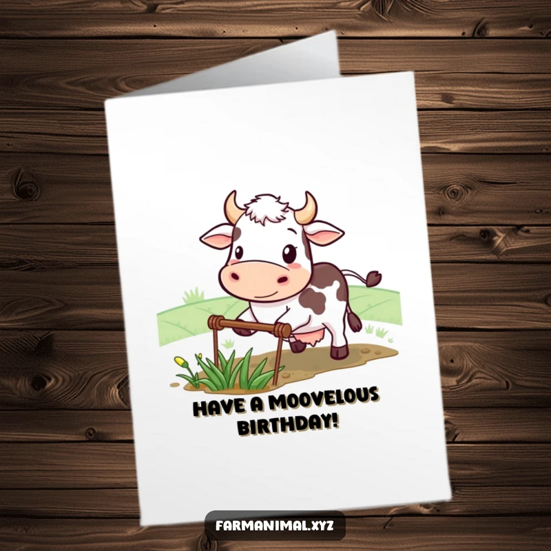 Funny free printable birthday card with a determined cow happily plowing a small field, ready for celebration.
