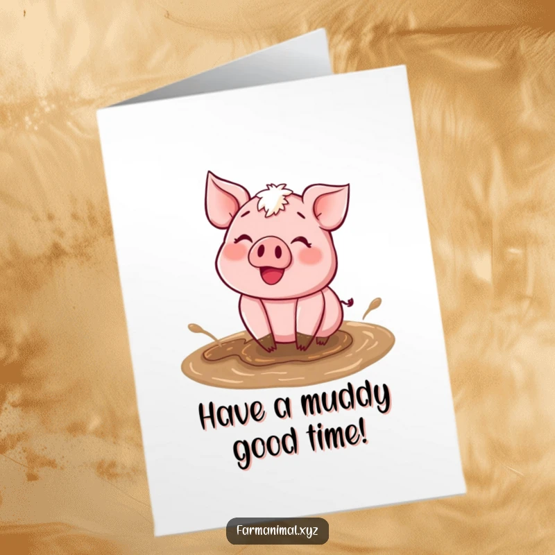 Funny Free Printable Birthday Card: Happy pig character wallowing in mud, celebrating a birthday, DIY card.