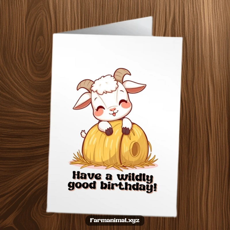 Funny Free Printable Birthday Card: Playful goat happily headbutting a hay bale with a mischievous grin.